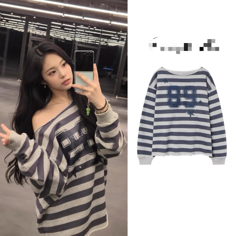 In-Stock Ian Zheng Yian Same Style Korean Designer Trendy Brand Loose Off-Shoulder Striped Sweatshirt for Women Slimming Top In-Stock Ian Zheng Yian Same Style Korean Designer Trendy Brand Loose Off-Shoulder Striped Sweatshirt for Women Slimming Top