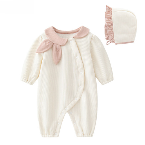 Spring and Autumn Newborn Baby Rabbit Ear Collar Bodysuit for Girls, Crawling Suit for Infants, Heated Clothing with Hood, Wholesale