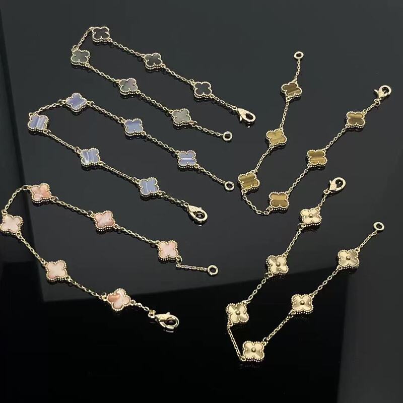 925 Sterling Silver Mini Four-Leaf Clover Red Agate Chalcedony Six-Flower Bracelet for Women, Gold-Plated with 18K Gold