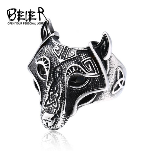beier European and American foreign trade new jewelry Viking wolf head stainless steel ring men's titanium steel ring