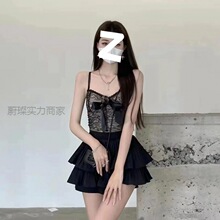 2024夏新款黑色性感时尚套装女辣妹高腰显瘦百褶蛋糕裙吊带两件套