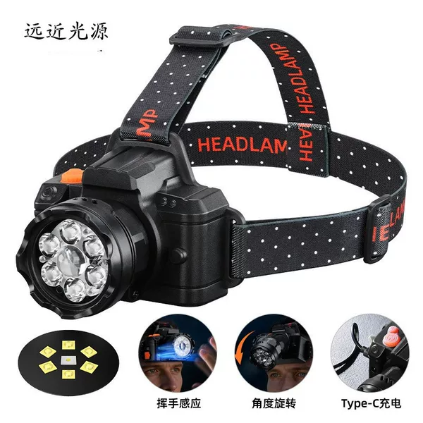 New Model of Ultra-Bright Head-Mounted Outdoor Headlamp for Night Fishing and Mountaineering, Ultra-Long Battery Life, Purple Light Zoom, Long-Range Lighting