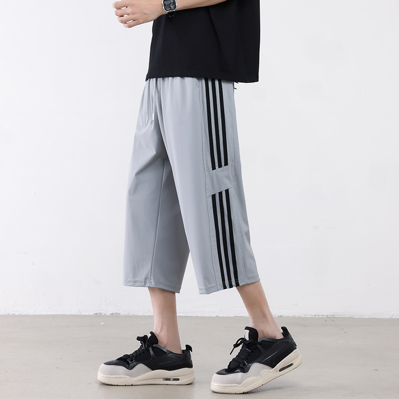 Pantalones de hielo para hombres de verano delgados deportivos de tres barras pantalones cortos gordo sueltos y pantalones casuales de hombre de tamaño grande