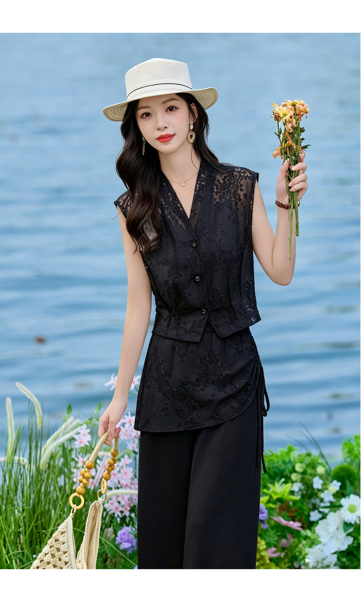 Bộ vest nữ không tay kết hợp quần ống rộng phối ren YQ9913 — màu đen, màu trắng ngà chi tiết 20