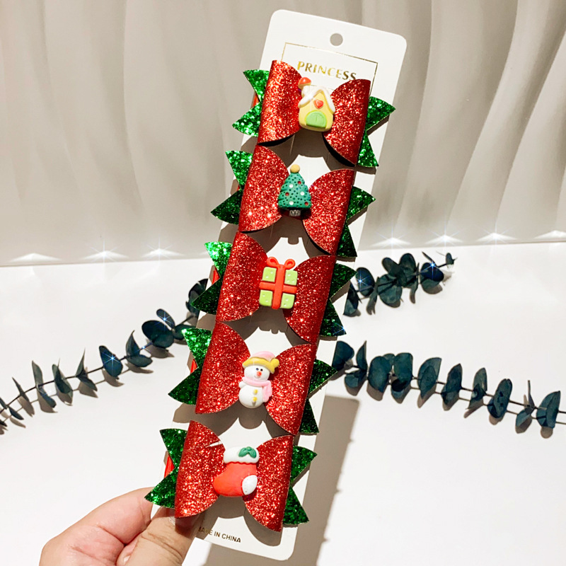 5-częściowy zestaw spinek do włosów świątecznych dla dziewczynek (domek Świętego Mikołaja/rękawiczki/renifer/wzór prezentowy), spinki do włosów nieuszkadzające_voghion.com