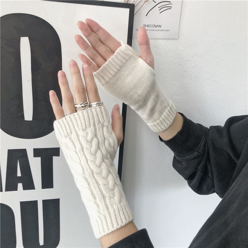针织手套女秋冬露指手套男护腕保暖半指毛线手套纯色学生情侣假袖|undefined