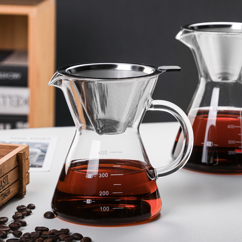 Factory wholesale high borosilicate heat-resistant glass coffee pot hand pot fashion hanging ear sharing pot stainless steel filter