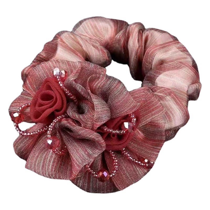Head Flower Double Flower Large Intestine Hair Ring Pearl Ball Head Coil Hair Rope Advanced Sense Headwear High Elastic Tie Hair Rope for Women