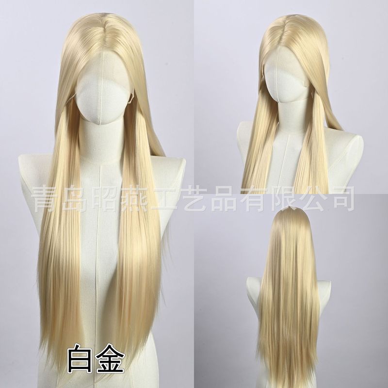 万用白金色13*4大面积手勾前额蕾丝全头套假发女cos自然手钩毛胚|undefined