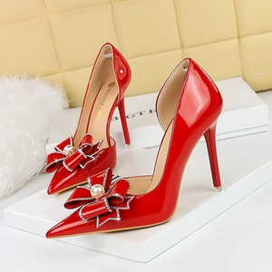 638-H13 European and American Style Banquet Super High Heels, Thin Heels, Shallow Notched Pointed Side Cut Pearl Rhinest