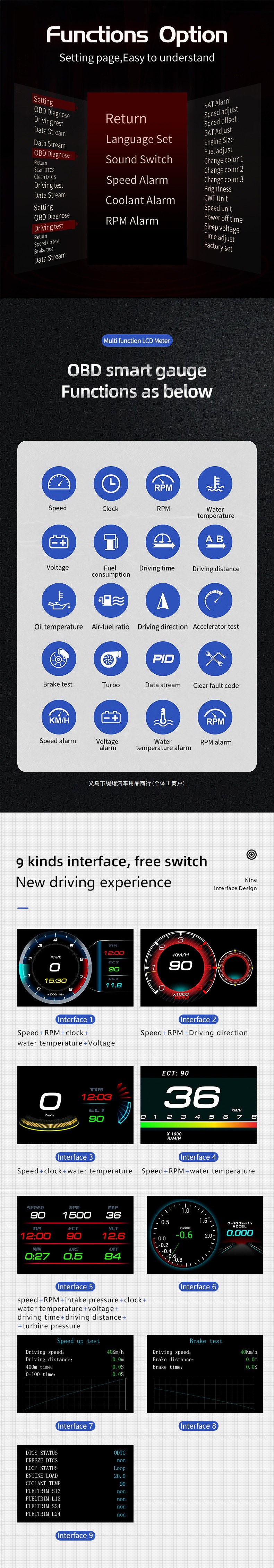 Car OBD multifunctional instrument modification: speedometer, turbo gauge, tachometer, oil temperature gauge, water temperature gauge, display device