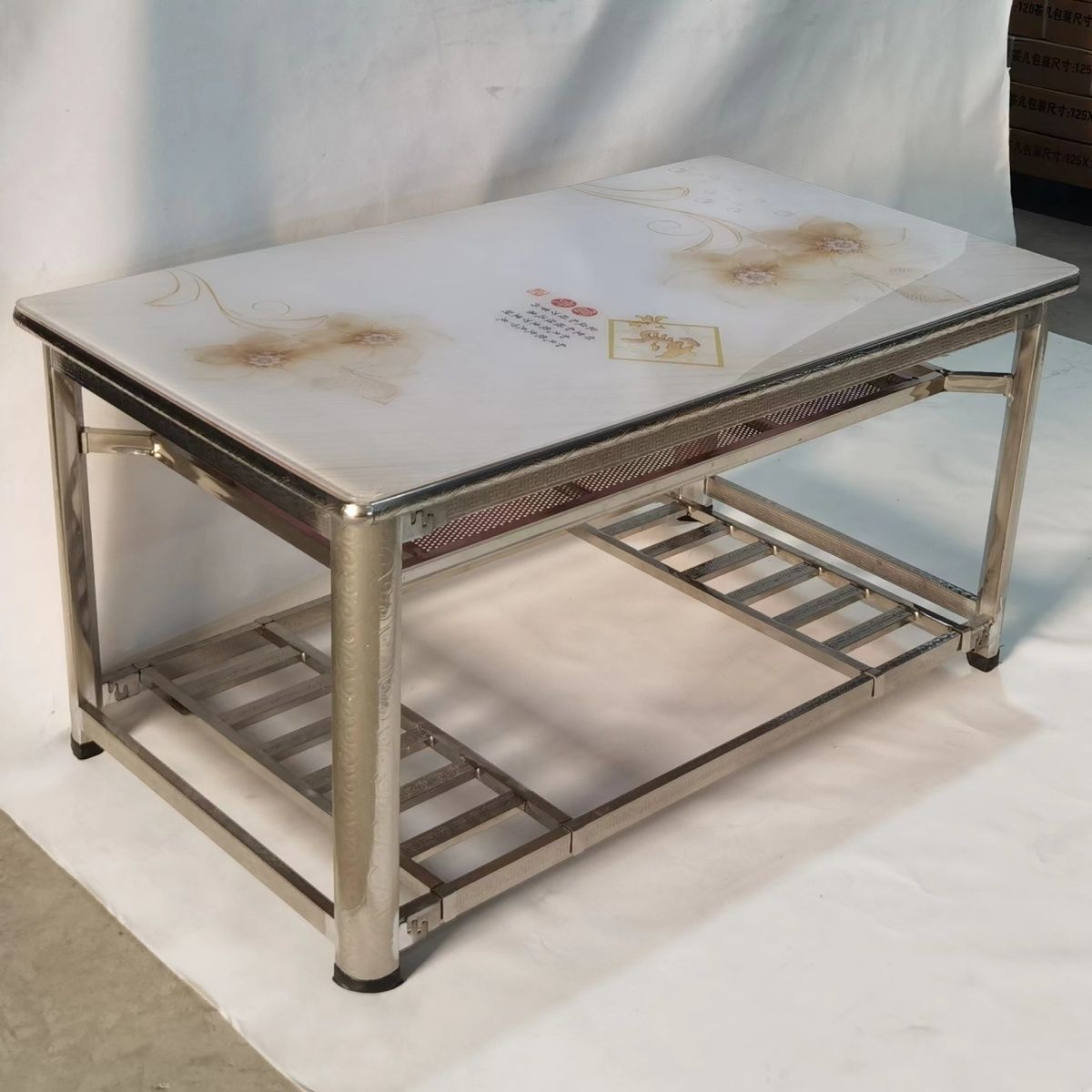 冬季加厚不锈钢烤火桌子长方形钢化玻璃茶几桌家用餐桌烤火架全套