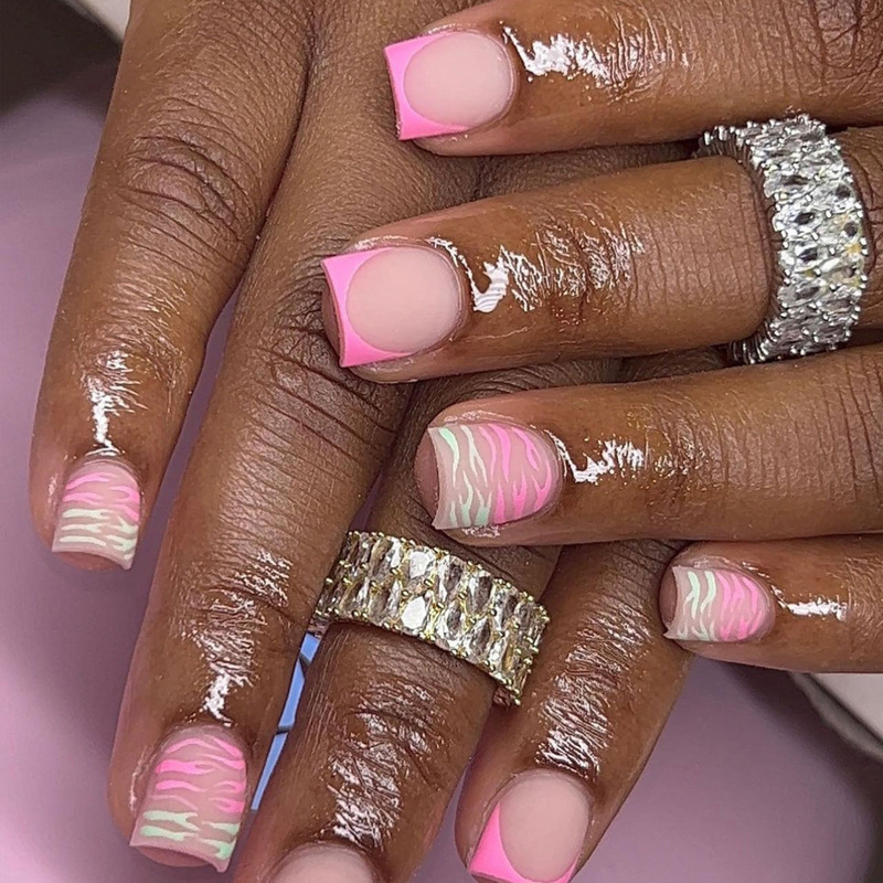 Cute Short Square Frosted Pink French Green Pink Color Tiger Skin Stripe Design Finished Wear Nail Art Patch