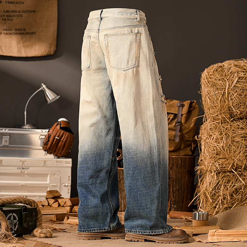Men's Vintage Distressed Denim Jeans – Oversized Wide-Leg Fit With Patchwork & Ripped Details (Retro Streetwear Style) – 78% Cotton Stretch_voghion.com