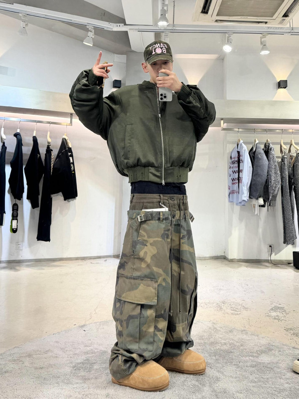 Jimo Grailz 高品質スリーウエストデザインスプライス迷彩カーゴパンツ男性と女性のためのダメージ加工シルエットパンツ|undefined