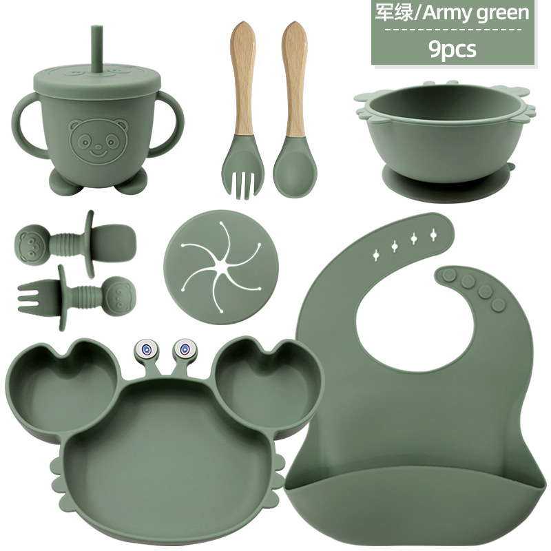 cubiertos de silicona para niños, platos de alimentación para bebés, cucharas de cangrejo, cuchillas de tenedor, bacon de nueve piezas, cubiertos de dibujos animados para bebés