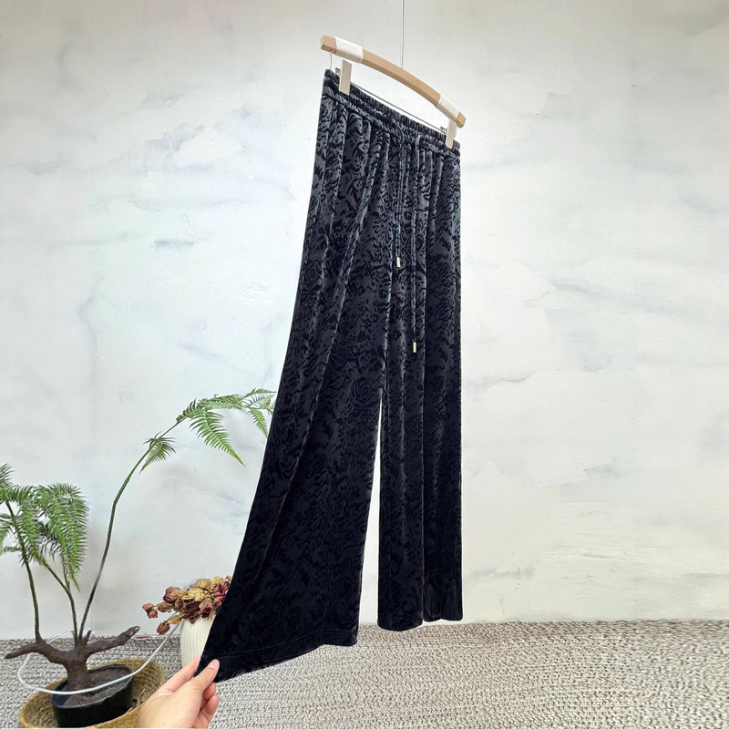 2025 Early Autumn New Chinese Style National Style Velvet Pattern Straight Pants Casual Elastic Waist Slimming Versatile Pants for Women