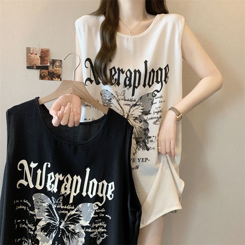Plus Size American Style Printed Slit Vest for Women with Bottoming 2025 Summer New Loose Slimming Look and Flesh-Covering Tops for Women