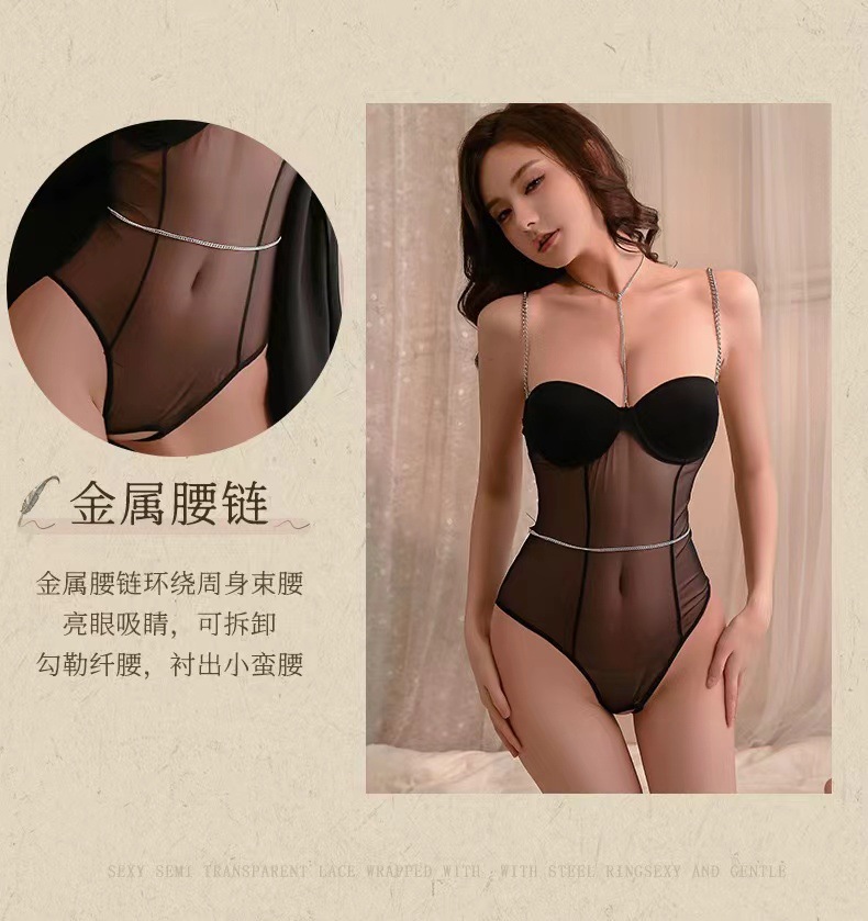 Open-Crotch Backless Bodysuit with Chest Support, Black Polyester One-Size Lingerie — detail image 4