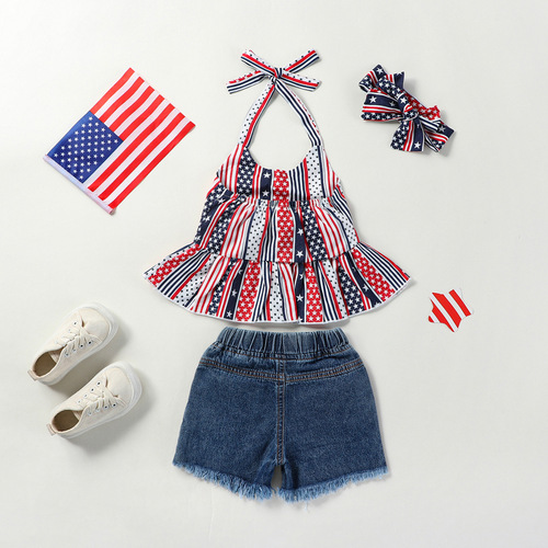 Amazon Kids' Striped Belted Top + Denim Frayed Shorts 4th of July Set
