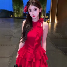 【】红色挂脖连衣裙2024独特超好看高级感风情万种的小裙子
