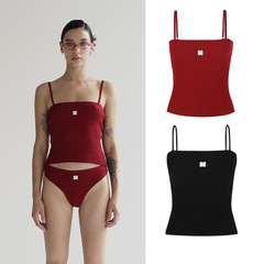 badblood韓國小眾24新款刺繡螺紋針織毛衣修身平口吊帶背心打底女