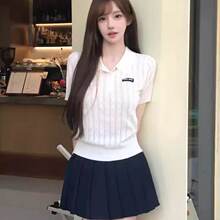 miuϵѧԺ����װ��С���Ӻ�ϵ��ɫ��֯polo������Ů