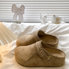 牛皮版~懒人一脚蹬包头半拖鞋女2025新款厚底增高复古博肯单鞋