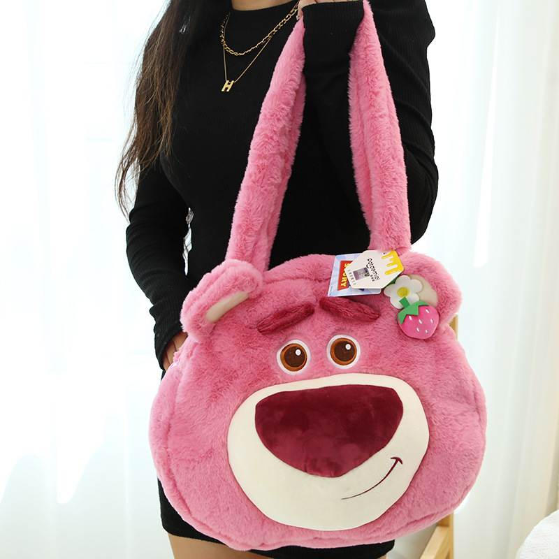 Disney Genuine Raspberry Open Eyes Smile Strawberry Bear Plush Shoulder Bag Cute Doll Bag Large Capacity Tote Bag