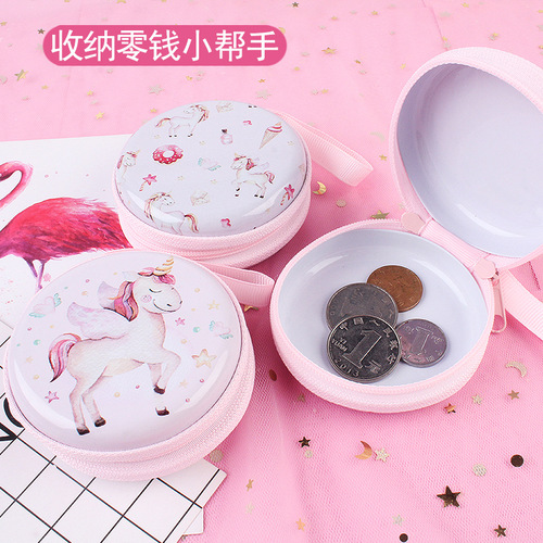 Korean version Christmas and New Year tinplate storage box iron round coin purse cartoon animal mini key earphone bag