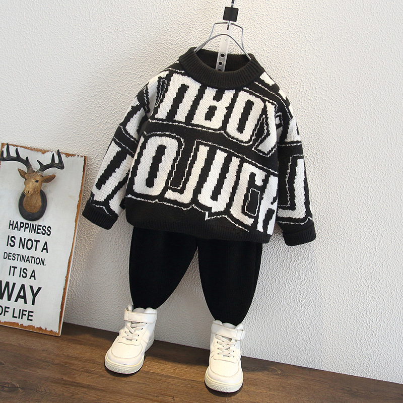 6480 suéter para niños 2025 nueva ropa de otoño e invierno para niños, guapo, camisa de fondo de lana gruesa para niños de estilo occidental de punto