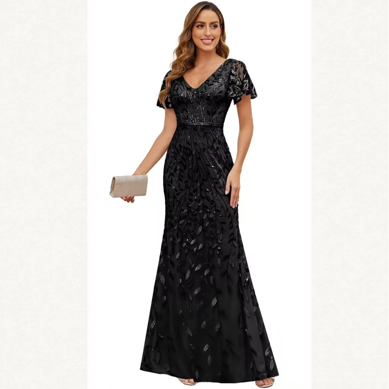 European and American style mesh sequin fishtail evening dress for women, high-waisted, slim-fitting, floor-length gown, elegant evening wear for mothers' parties and banquets
