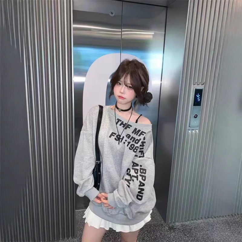 American-style Grey Slant Shoulder Pullover Sweat Women's Autumn and Winter Loose Lazy off-shoulder Top