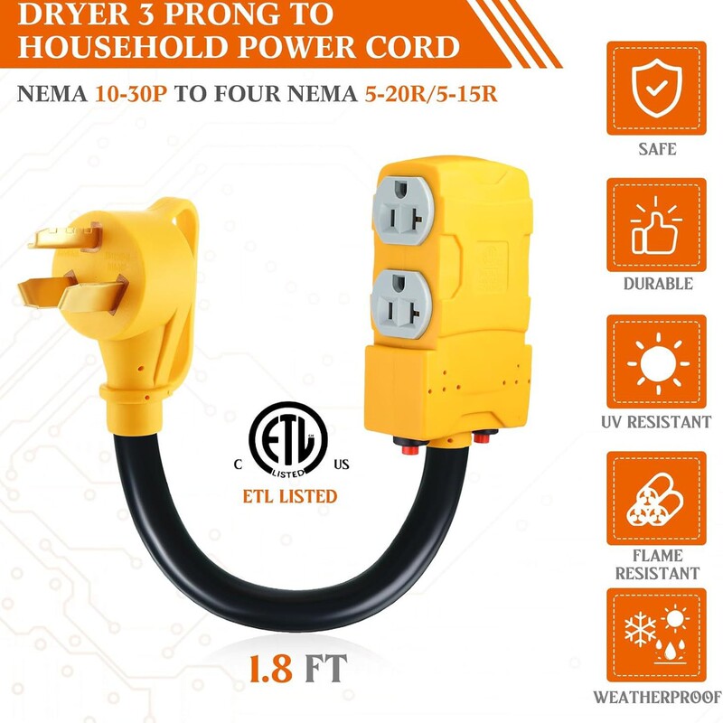 30 to 20 Amp 110V Dryer Power Distribution Adapter Nema10-30P to Nema4X5-20R/5-15