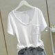 Slub Cotton Short-sleeved T-shirt Women's 2025 Summer New V-neck Straight Padded Pocket Solid Color Top Base Trendy