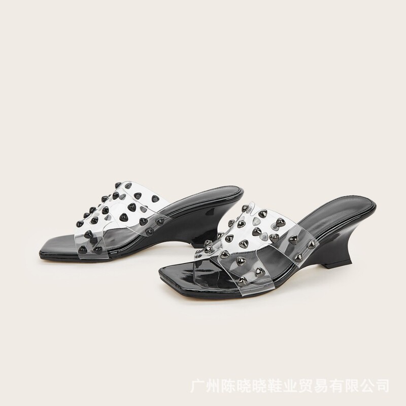H Black Punk Studded Square-Toe Open-Toe Transparent Glass Resin Wedge High-Heeled Sandals H Black Punk Studded Square-Toe Open-Toe Transparent Glass Resin Wedge High-Heeled Sandals