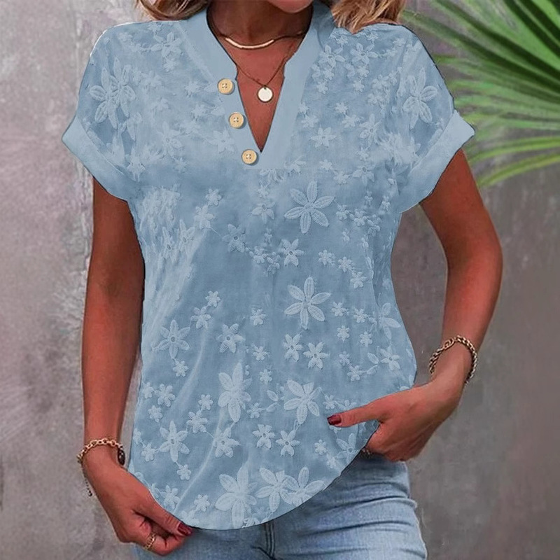 2025 Independent Station Wish Amazon Popular Summer Simple Casual Embroidered Lace V Neck Women's Short-Sleeved Shirt