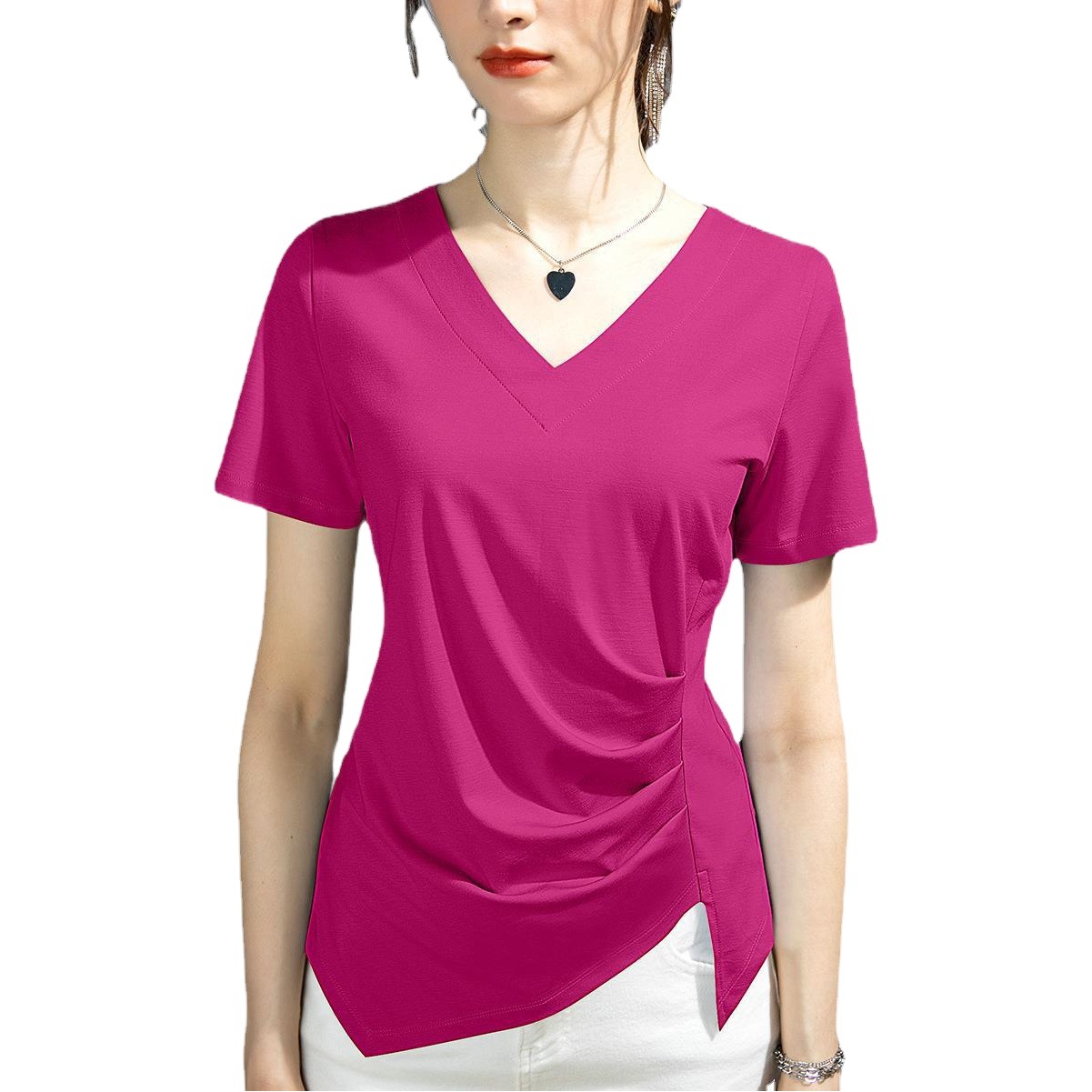 Camiseta de manga corta ropa de mujer 2025 nueva ropa de mujer con aberturas irregulares, top fino y elegante, camiseta de algodón, cabello de una pieza