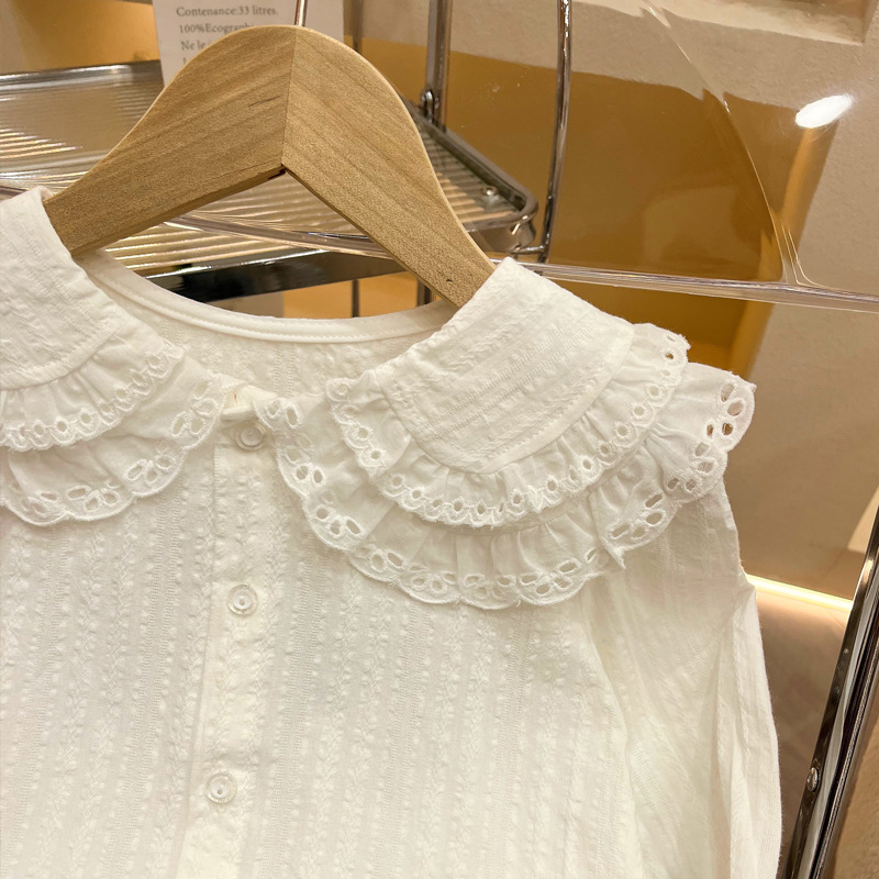 Camisas para niñas, camisas de manga larga para bebés, camisas con cuello de muñeca de doble capa para niños de primavera 2025, tops para niñas, camisas de princesa de estilo coreano