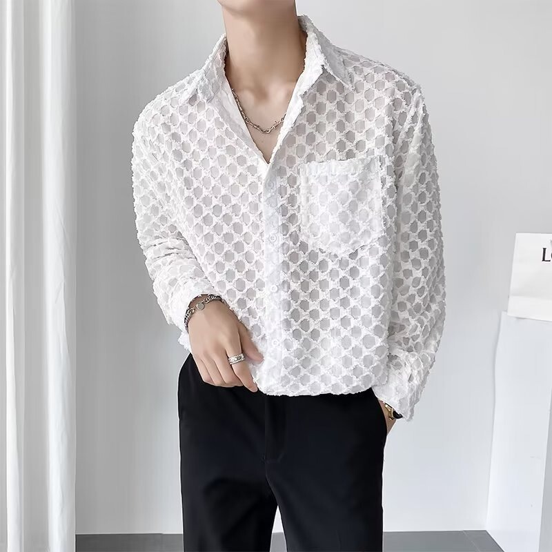 Street-Style Handsome Men's Long-Sleeve Korean Version Hollow-Out Semi-Transparent Niche Shirt, Trendy and Mature with a Draped Feel