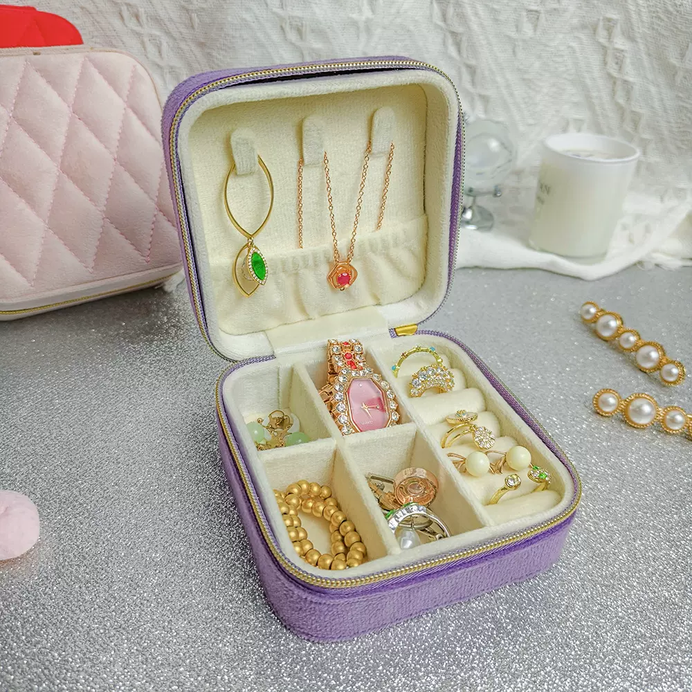 便携方丽丝绒首饰盒戒指项链耳钉分格整理盒菱格纹饰品防潮收纳盒