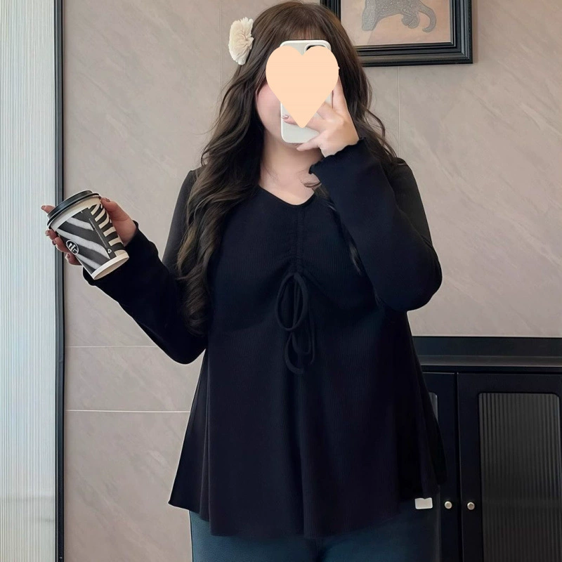 Рубашка с длинными рукавами и воротником на шнурке большого размера для женщин, весенне-осенний новый стиль, свободная рубашка для похудения, внутренняя многослойная рубашка, элитный топ