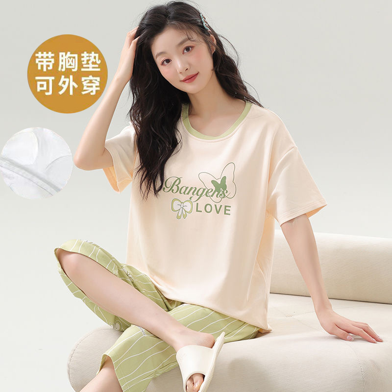 Pajamas Women's Summer Short-sleeved Cropped Pants with Chest Pad Thin Pure Cotton plus size Wear-free Bra Anti-bump Home Clothes Set