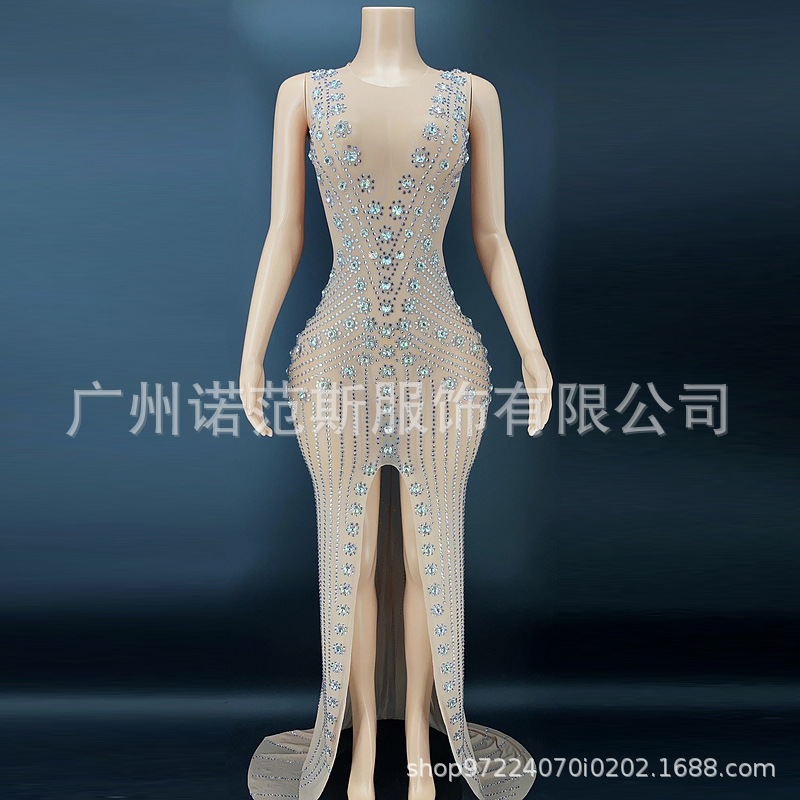 Women's plus size gorgeous sexy front split prom long dress Crystal sequined deep V-neck annual party dress party