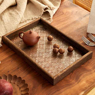 Cross-border Japanese Retro Begonia Embossed Glass Tea Tray Solid Wood Rectangular Storage Flat Plate Photography Props Ornaments