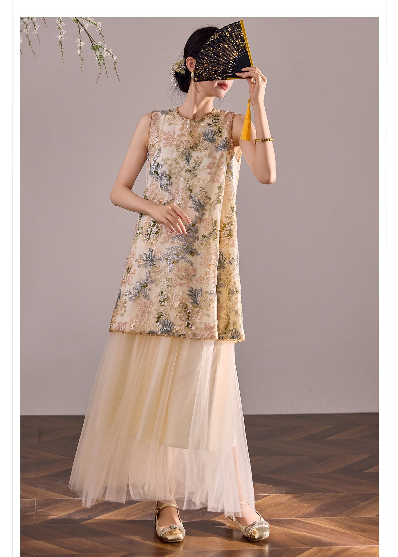 Đầm suông nữ midi tân cổ điển không tay, thêu đính cườm sequin, form chữ A — màu mơ chi tiết 17