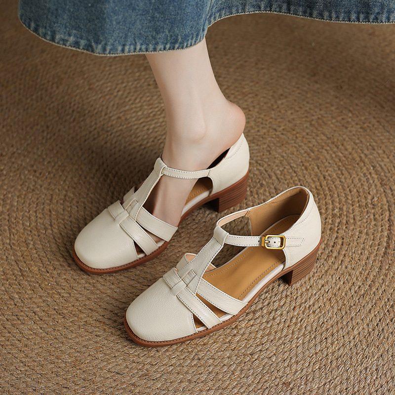 Sandal nữ quai ngang da cừu kiểu La Mã đế dày khoét lỗ dệt — Màu trắng nhạt