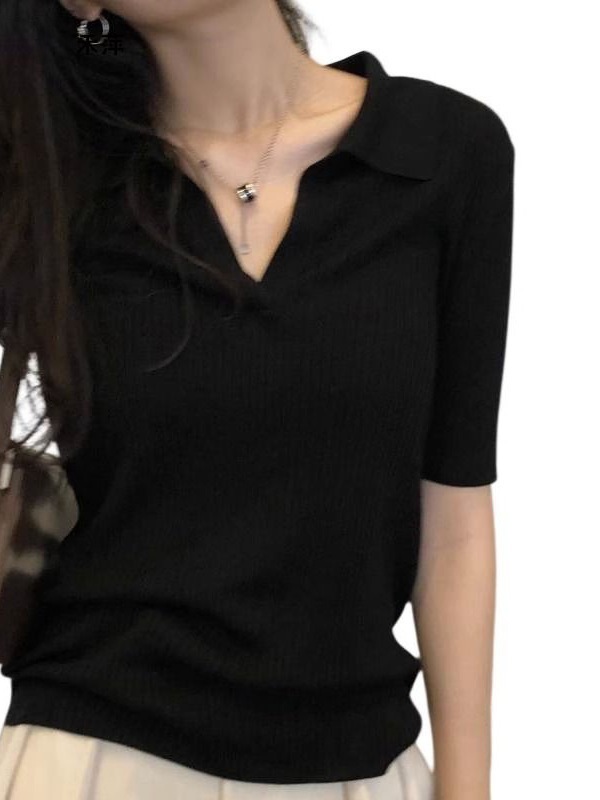 黑色领短袖正肩恤夏季感修身小个子别致锁骨短款上衣女|undefined