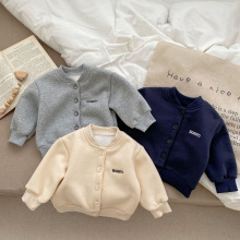 儿童保暖外套秋冬季男女童休闲加厚一体绒小童宝宝开衫中厚棒球服