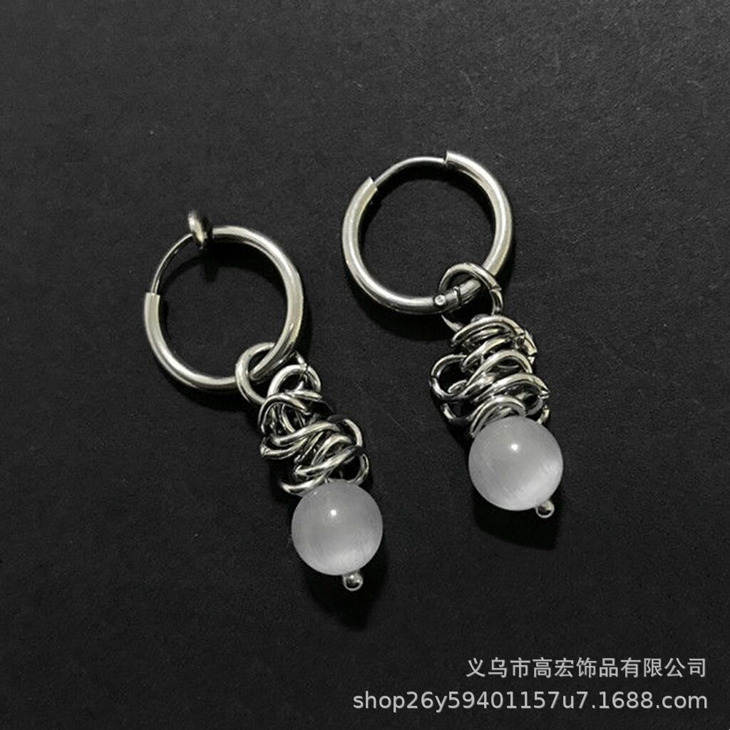 Factory Trendy Jewelry Stainless Steel Colorful Cat's Eye Stone Earrings High-End Clip-On Earrings for Men Without Pierced Ears
